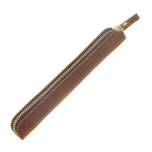 MiOYOOW - Funda de piel para bolígrafo retro con cremallera para bolígrafos y lápices, Amarillo marrón., Clásico